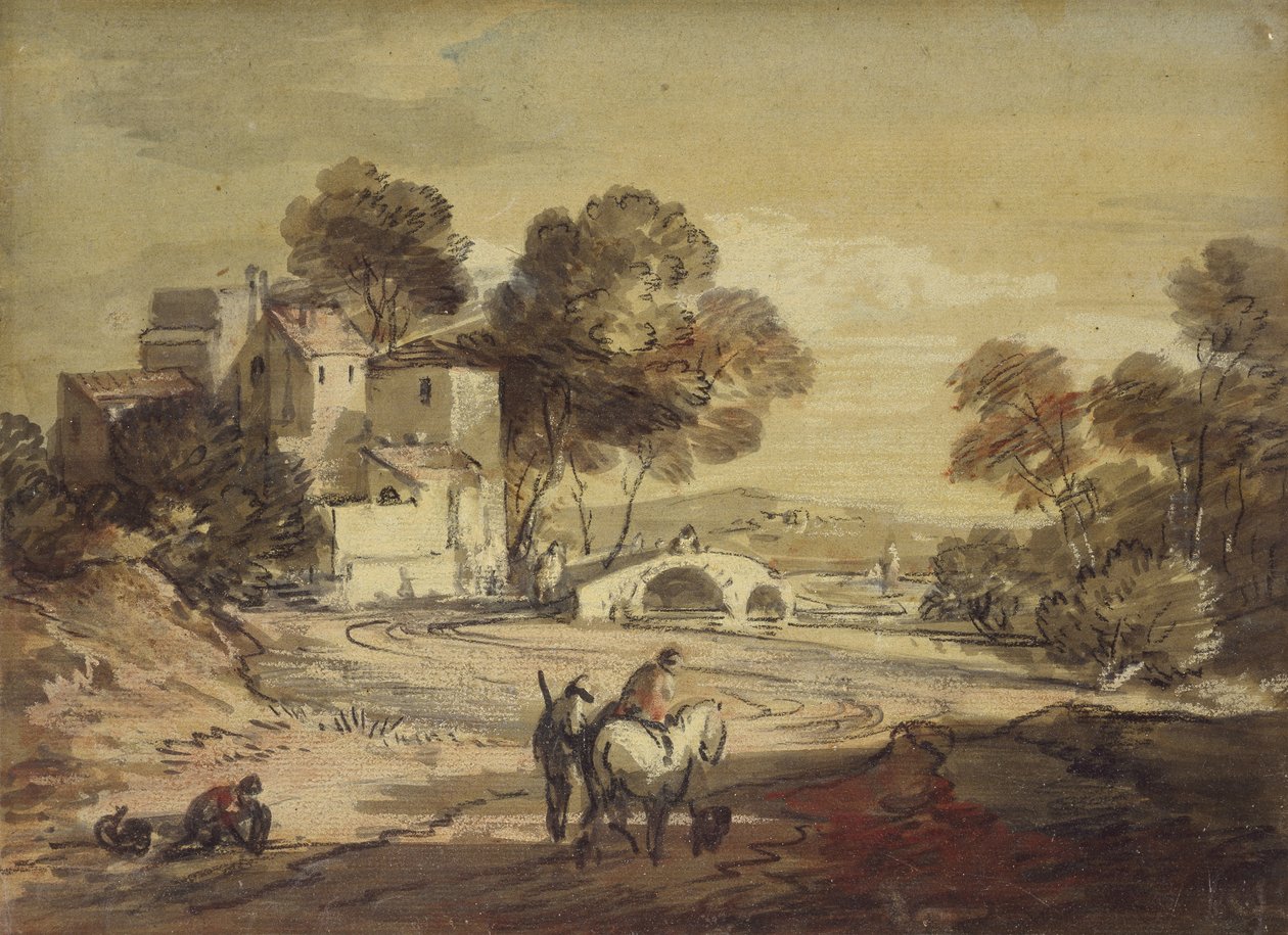 Italianate Landscape z Travelerami na krętej drodze, 1775 - 1779 (czarna kreda z akwarelą i kolorem nadwozia, lakierowana) autorstwa Thomas Gainsborough