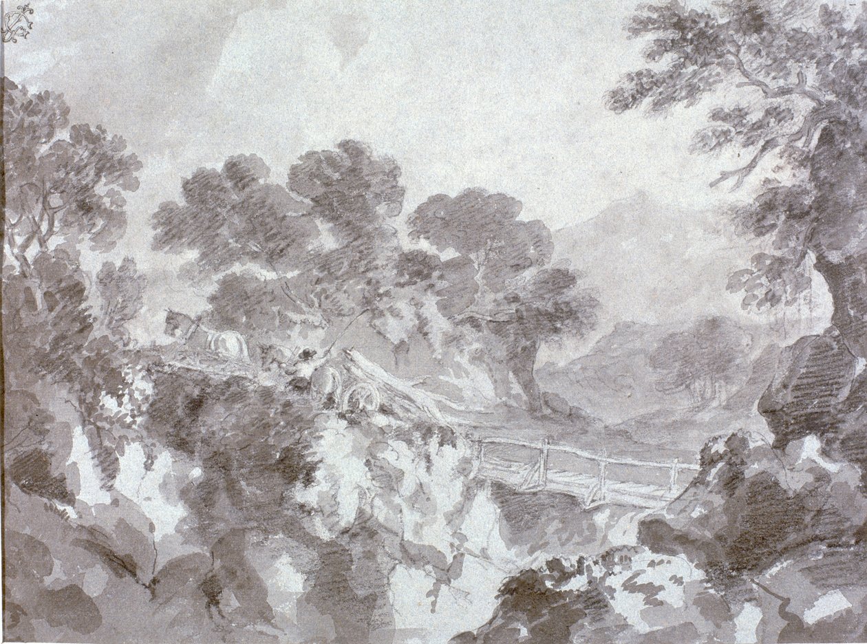 Krajobraz z mostem (wc, ołówek i kreda na papierze) autorstwa Thomas Gainsborough
