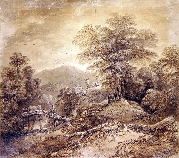 Wooded Mountain Landscape Herdsman & Cows Crossing, 1759 (pióro, atrament i toaleta na papierze) (patrz także 352793) autorstwa Thomas Gainsborough