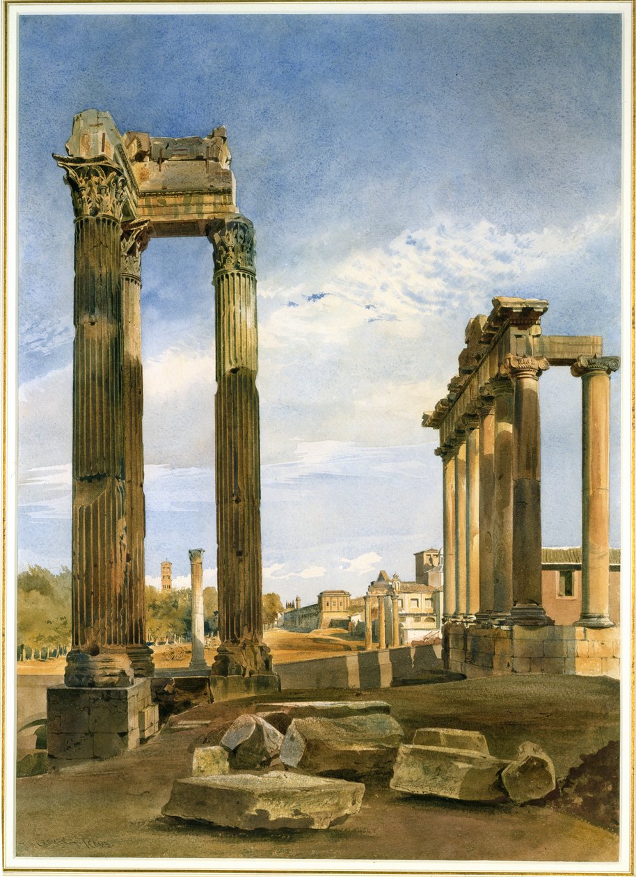 Świątynie Wespazjana i Saturna, ze Świątynią Castor Beyond, Forum, Rzym (wc na papierze) autorstwa Thomas Hartley Cromek