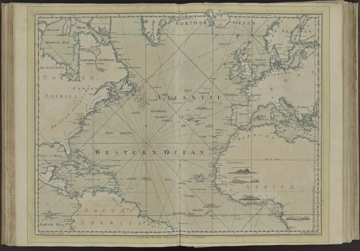 Atlantyk lub Ocean Zachodni z atlasu Indii Zachodnich, 1775 r autorstwa Thomas Jefferys