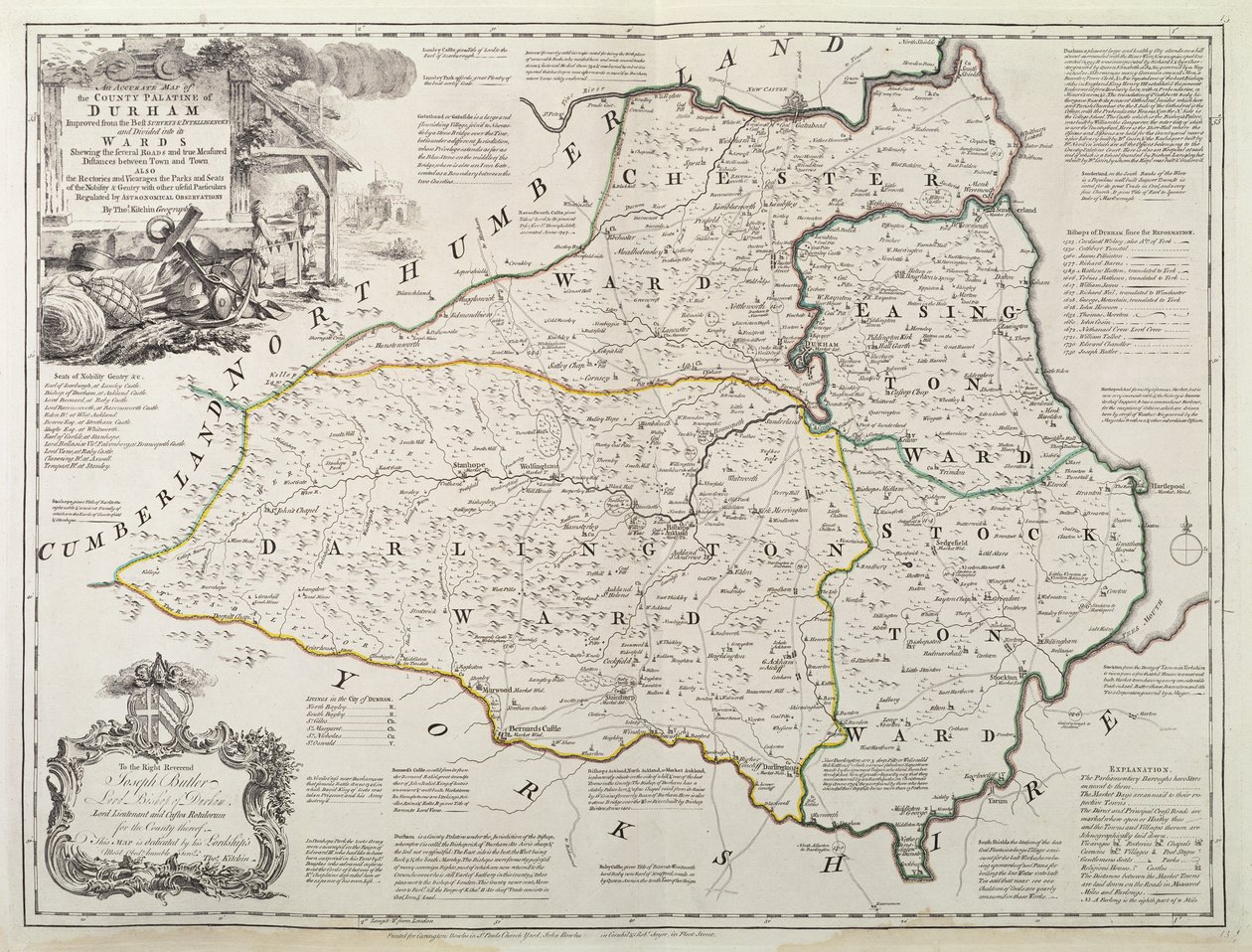 Mapa Durham, 1777 (ręcznie kolorowane grawerowanie) autorstwa Thomas Kitchin