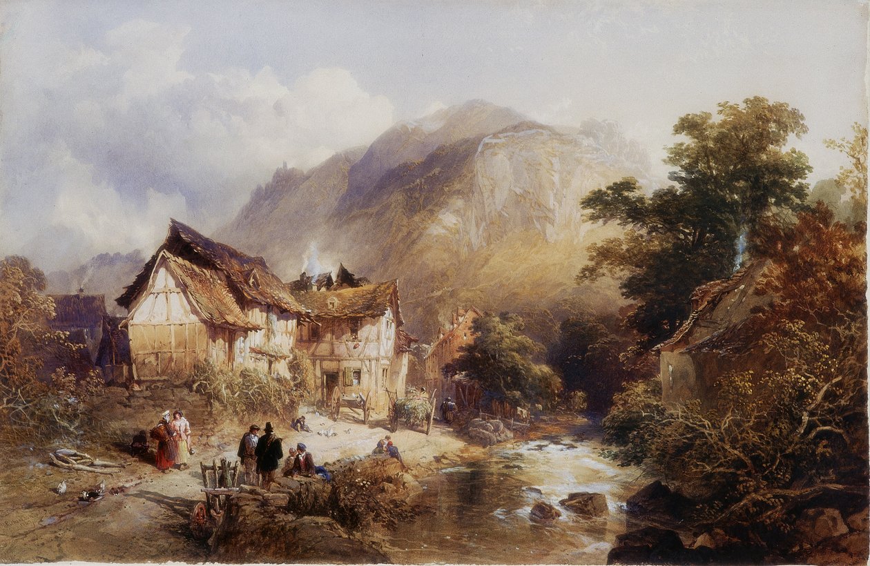 Wieś Sayn, nad rzeką Bertich Bach, Prusy (kolorystyka i akwarela na papierze) autorstwa Thomas Miles II Richardson