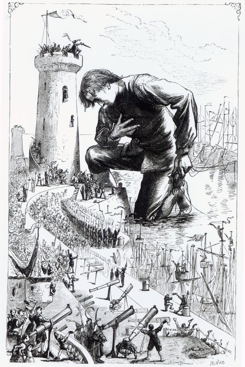 Guliwer klęka przed Liliputami po kradzieży floty Blefuskudów, ilustracja z "Podróży Guliwera" Jonathana Swifta, 1864 r. autorstwa Thomas Morten