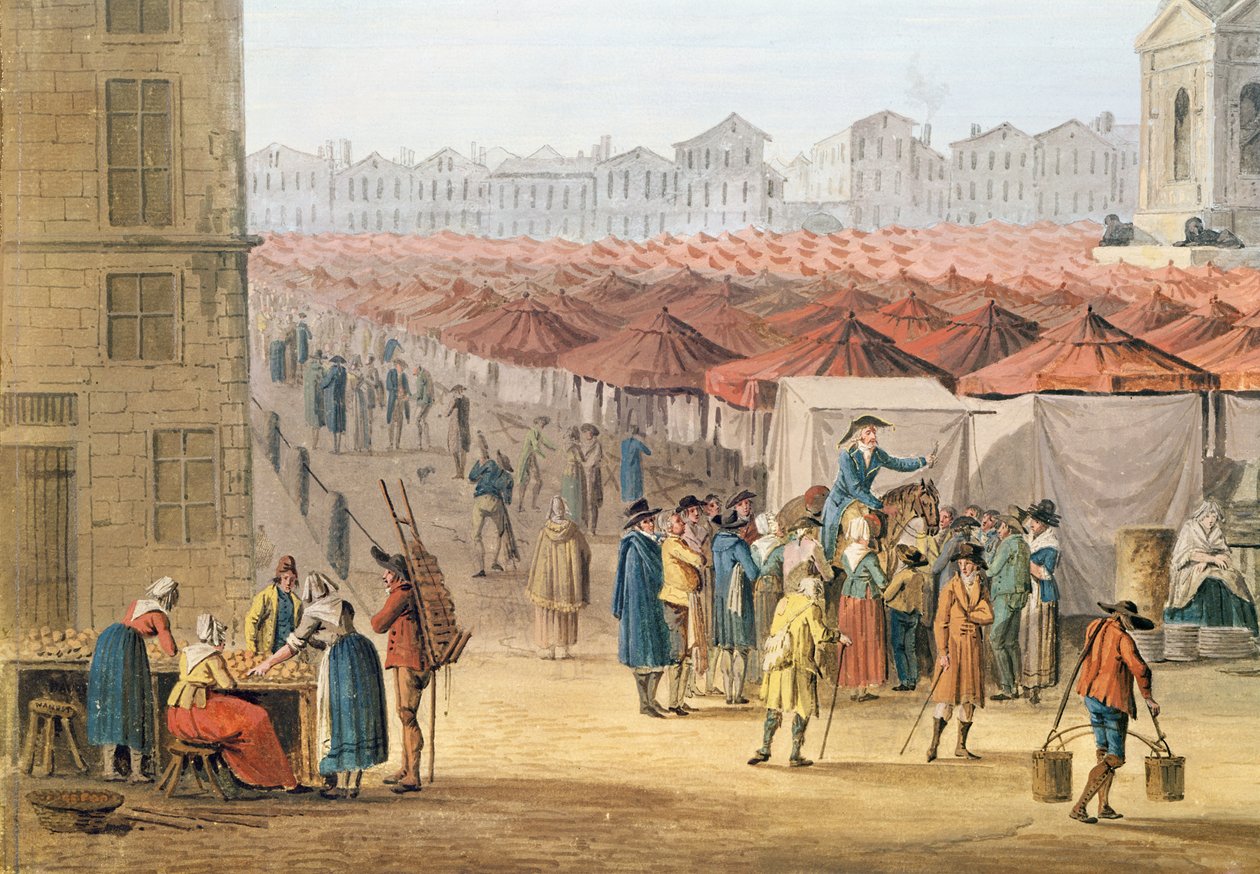 Marche des Innocents, fragment po lewej stronie, ok. 1794-1810 (wc i gwasz na papierze) autorstwa Thomas Naudet
