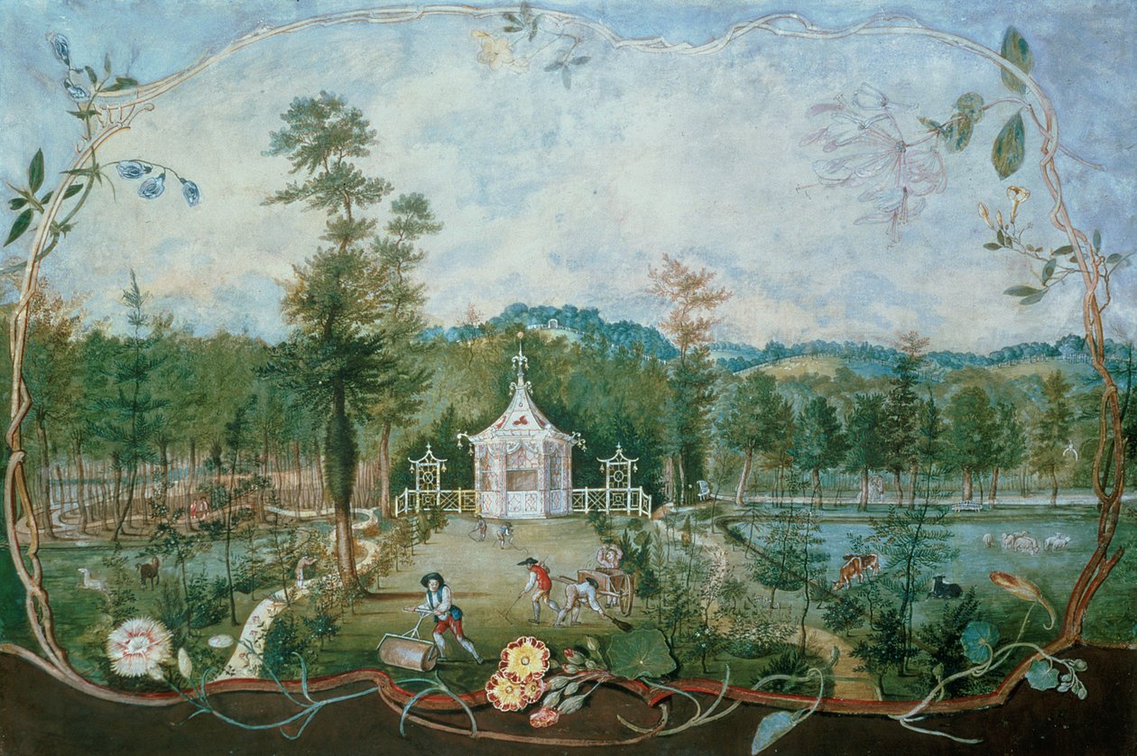 Pawilon Chiński w ogrodzie angielskim, XVIII w. (wc i gwasz na papierze) autorstwa Thomas Robins