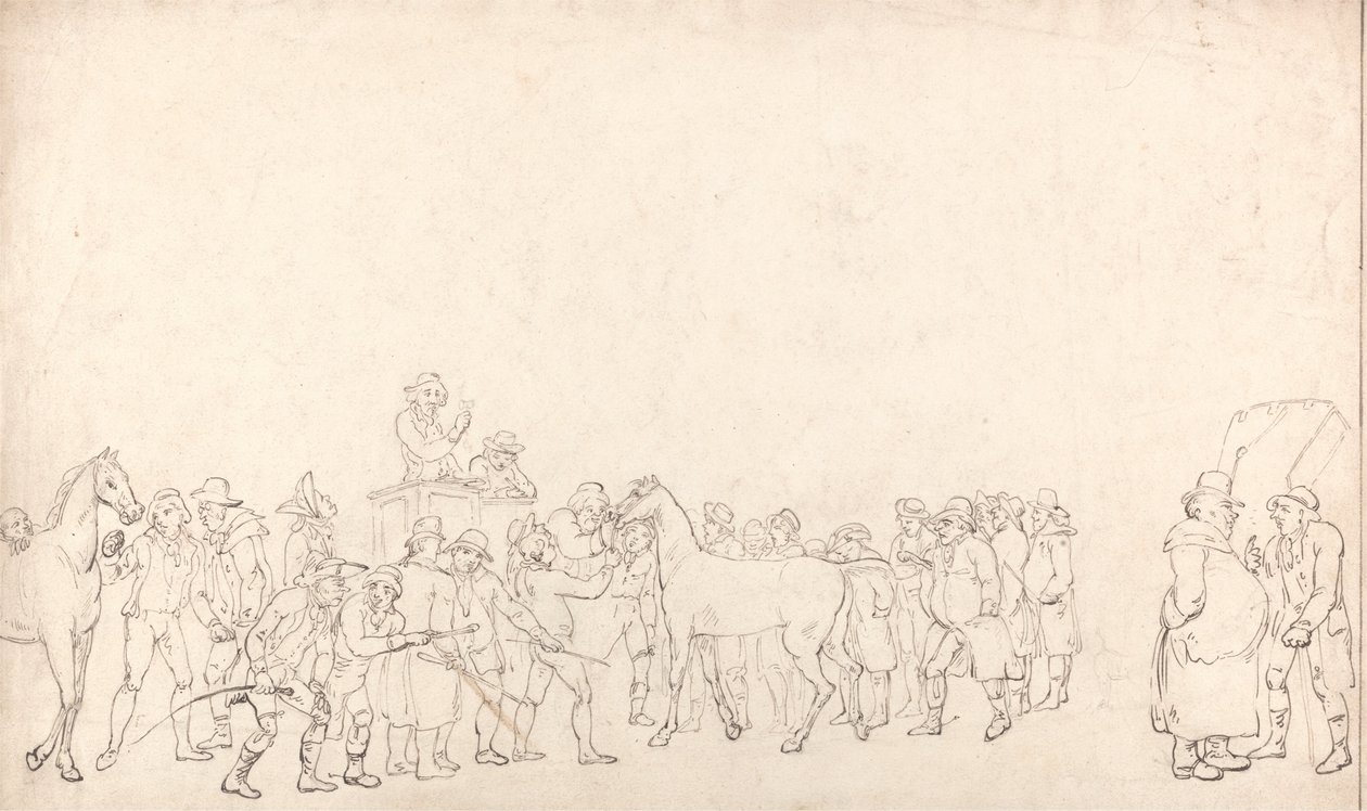 Sprzedaż koni w repozytorium Hopkinss (zarys) autorstwa Thomas Rowlandson
