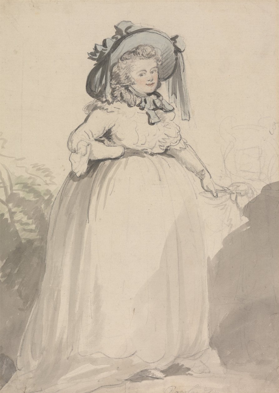 Dama w białej sukni, ubrana w niebieski kapelusz autorstwa Thomas Rowlandson