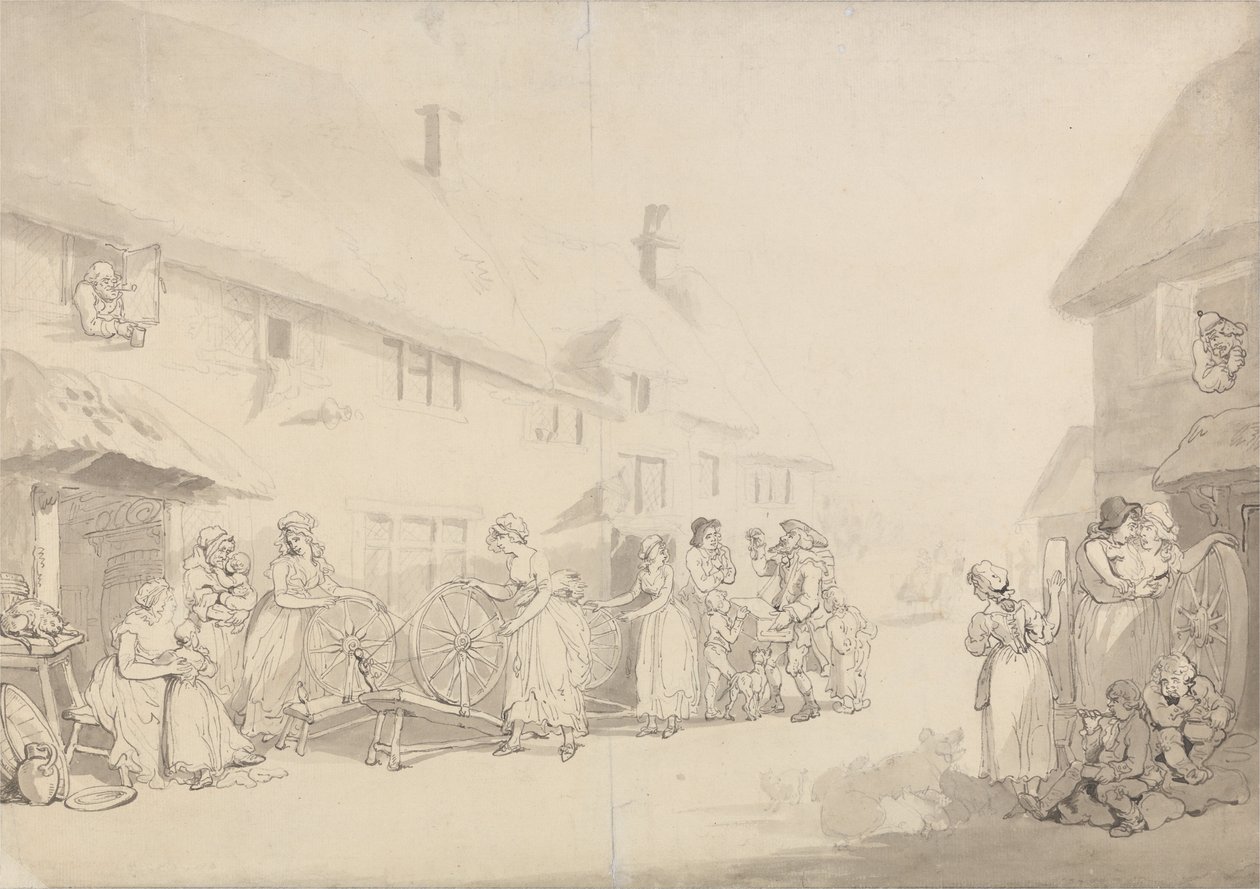 Scena wiejska z kręcącymi się dziewczynami autorstwa Thomas Rowlandson