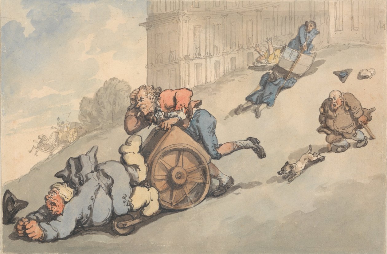 Komfort kąpieli – osoby z dną moczanową spadają na strome wzgórze autorstwa Thomas Rowlandson