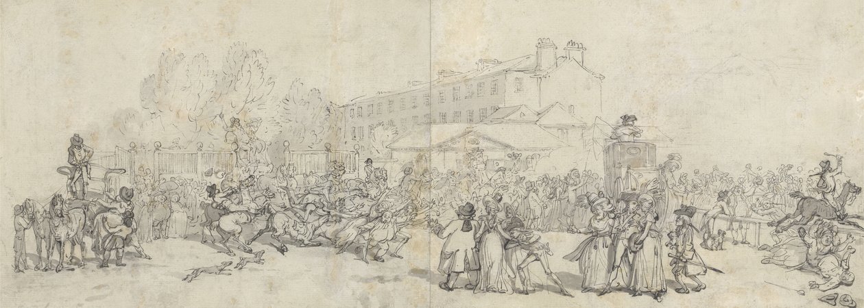 Hyde Park Corner, (pióro i atrament i szarość na papierze grafitowym ułożonym na arkuszach) autorstwa Thomas Rowlandson