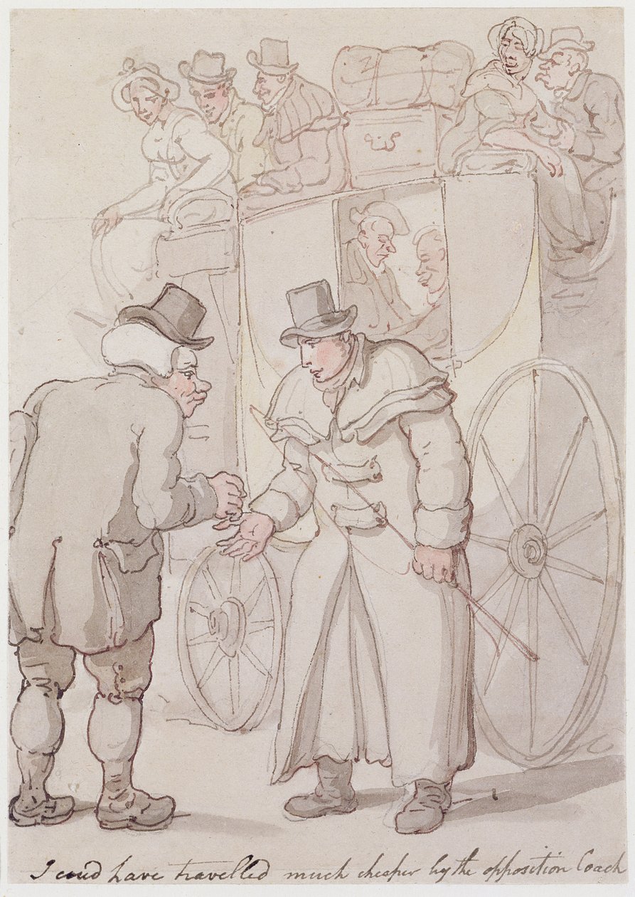 Mogłem podróżować znacznie taniej przez trenera opozycji (pióro i atrament, wc) autorstwa Thomas Rowlandson