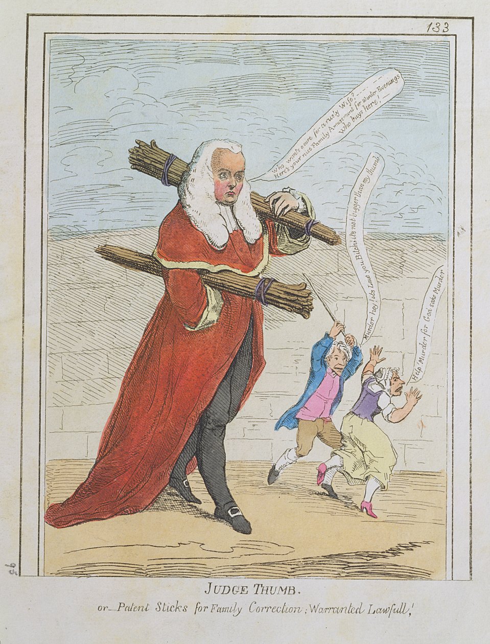 Kciuk sędziego - lub patyczki patentowe do korekty rodzinnej; Warranted Lawfull, rysunek sędziego Butlera, z magazynu karykatury Rowlandsona, tom. II, wyd. Thomas Tegg, c.1782 (druk) autorstwa Thomas Rowlandson