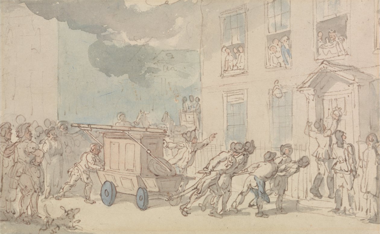 Przybycie wozu strażackiego autorstwa Thomas Rowlandson