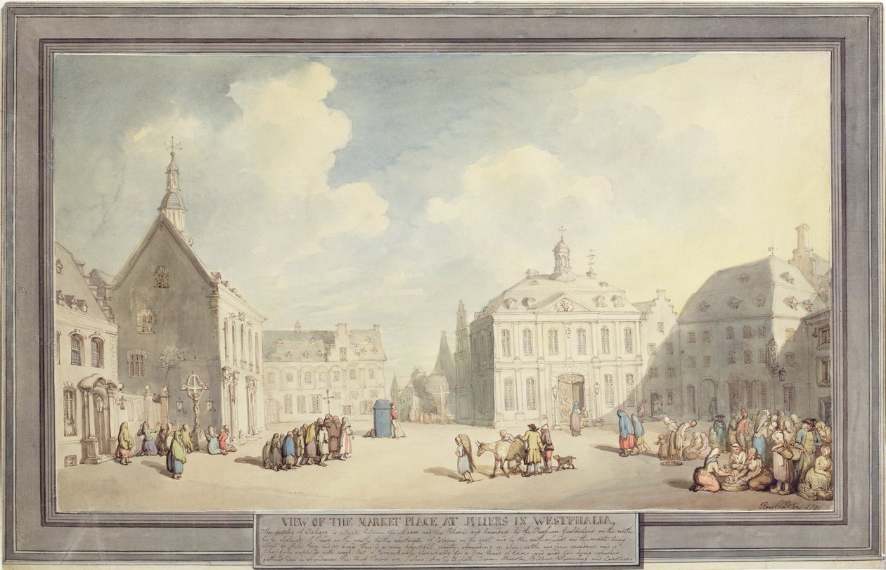 Rynek w Juliers w Westfalii, 1791 (pióro i atrament oraz akwarela na graficie na papierze) autorstwa Thomas Rowlandson