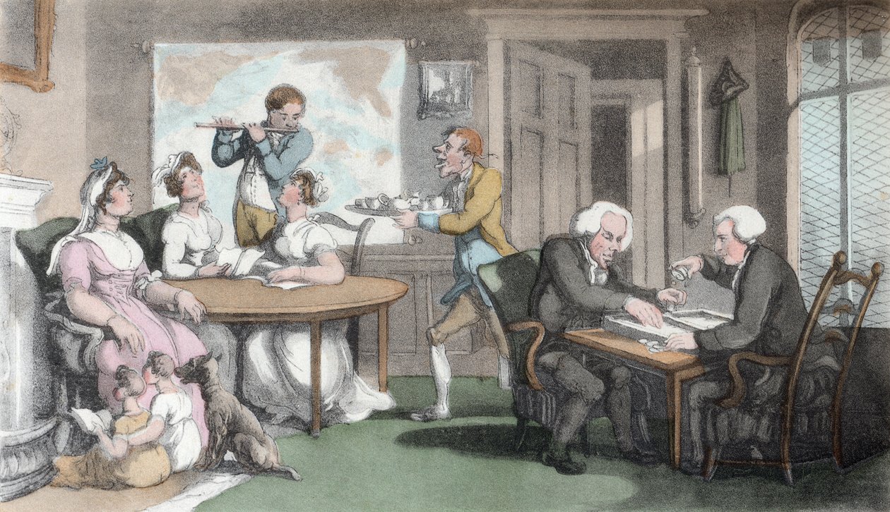 Wieczór towarzyski, ilustracja z „Wikariusza Wakefielda” Olivera Goldsmitha, wyd. Ackermann, 1817 (akwatinta ręcznie kolorowana) autorstwa Thomas Rowlandson