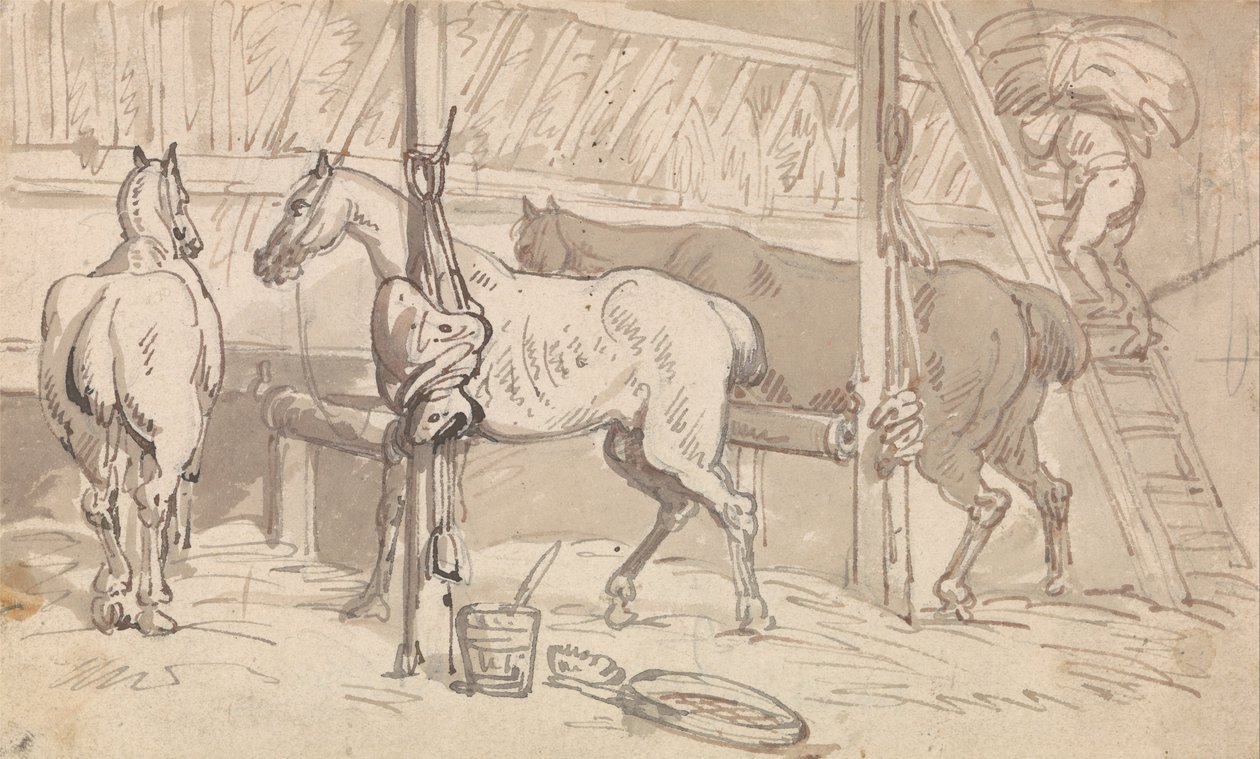 Trzy konie w boksach autorstwa Thomas Rowlandson