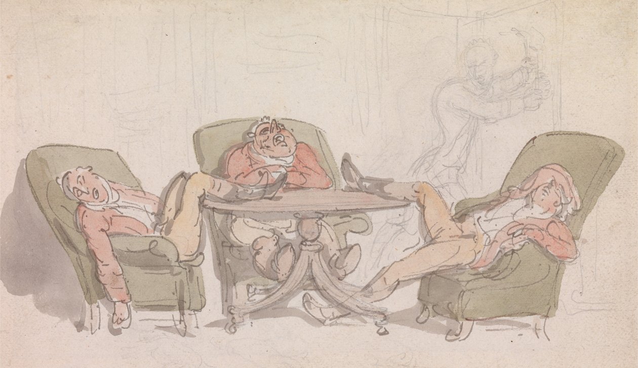 Trzech sportowców śpiących przy stole na swoich krzesłach autorstwa Thomas Rowlandson