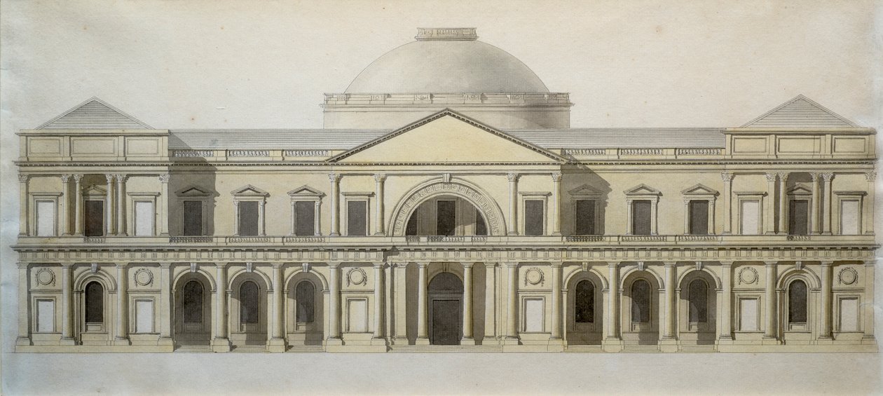 Projekt konkursowy na budynek Royal Exchange w Dublinie, ok. 1769 (pióro i tusz z kolorowym rozmyciem na papierze) autorstwa Thomas Sandby