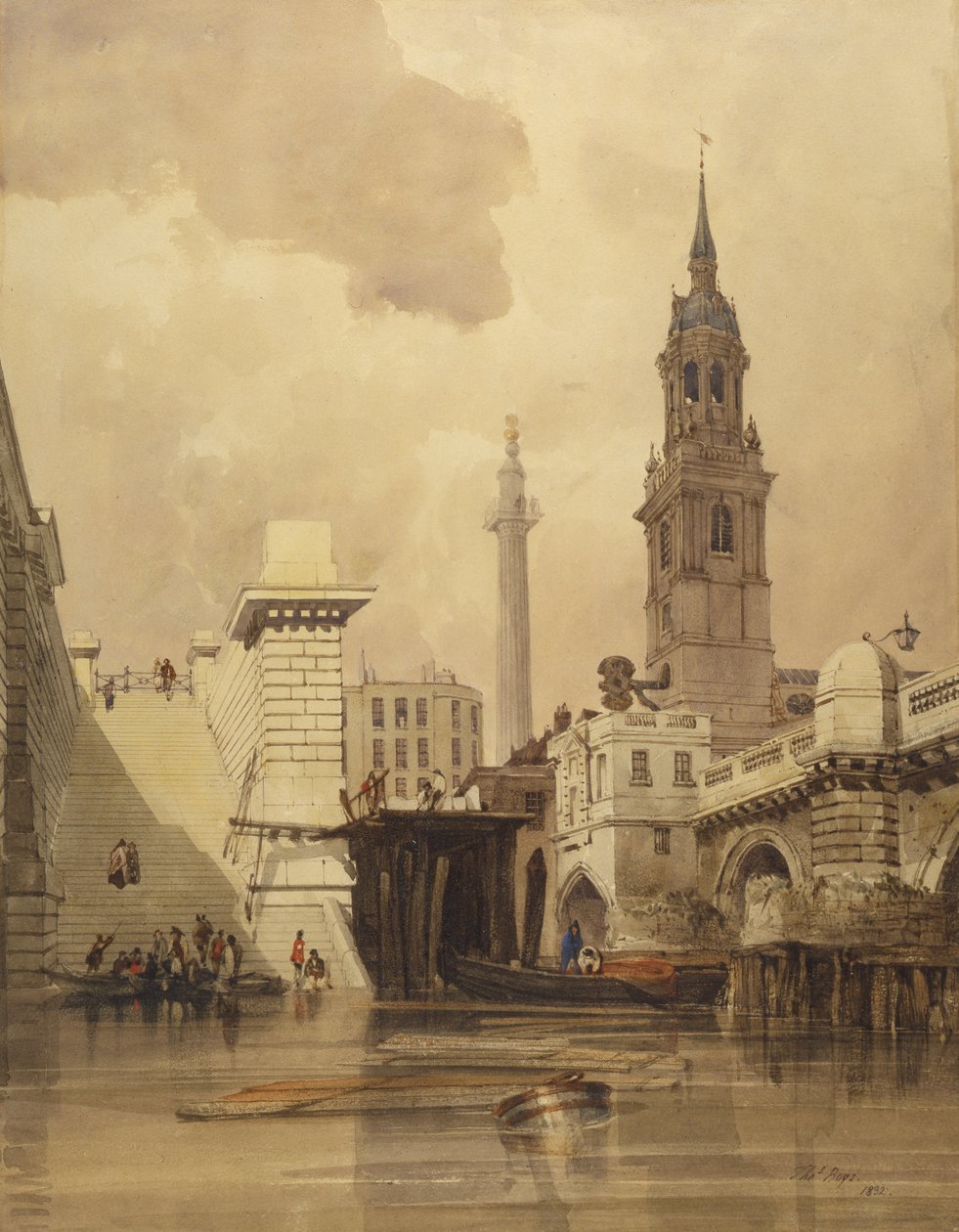 Kościół św. Magnusa Męczennika przy London Bridge, z pomnikiem w tle (wc na papierze) autorstwa Thomas Shotter Boys