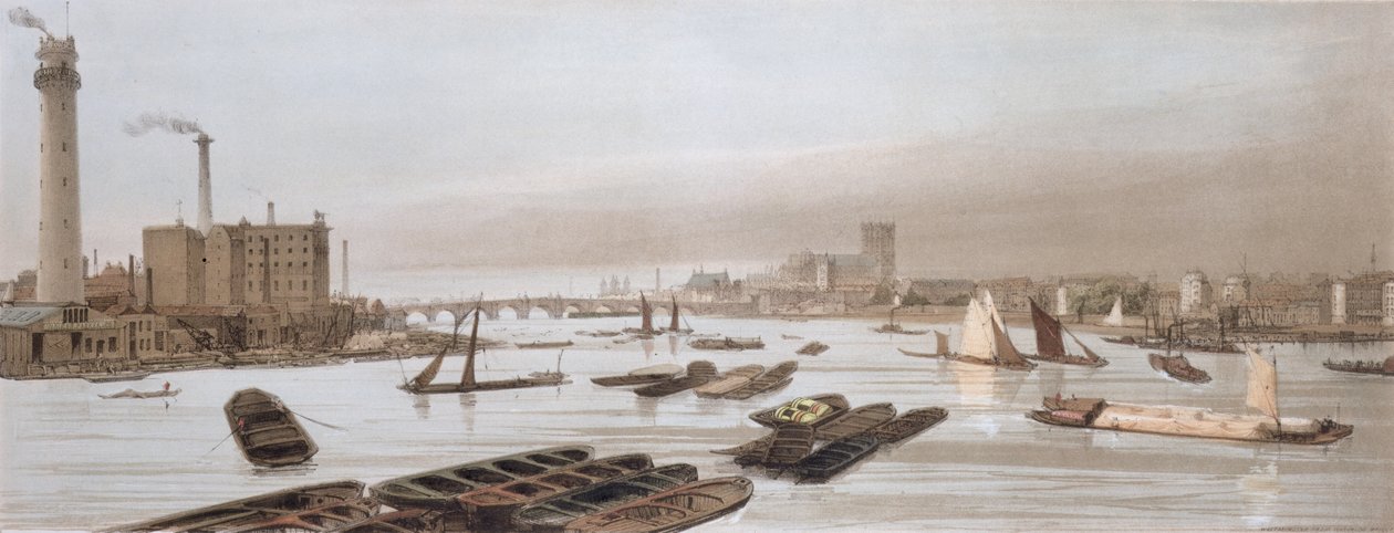 Westminster z Waterloo Bridge, w tym Shot Tower, z „London As It Is”, wyryty i opublikowany przez artystę, 1842 (patrz 14208) autorstwa Thomas Shotter Boys