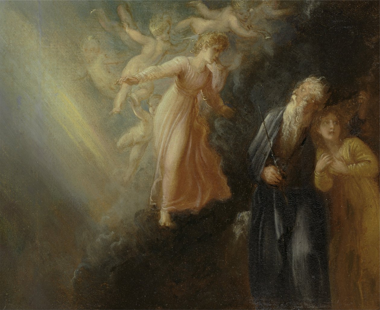 Prospero, Miranda i Ariel, z Burzy, akt I, scena II autorstwa Thomas Stothard