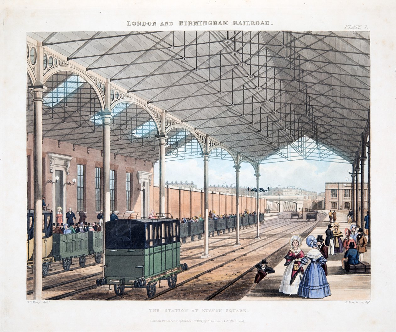Stacja przy Euston Square, 1837 (ręcznie kolorowane grawerowanie) autorstwa Thomas Talbot Bury