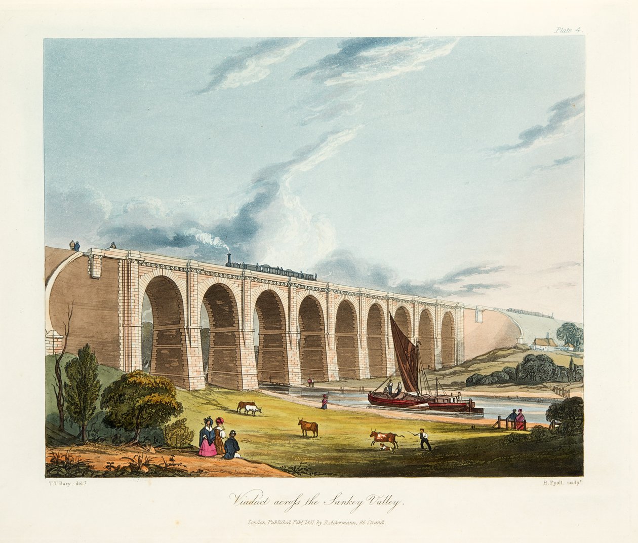Wiadukt przez dolinę Sankey, 1831 (ręcznie kolorowany grawerunek) autorstwa Thomas Talbot Bury