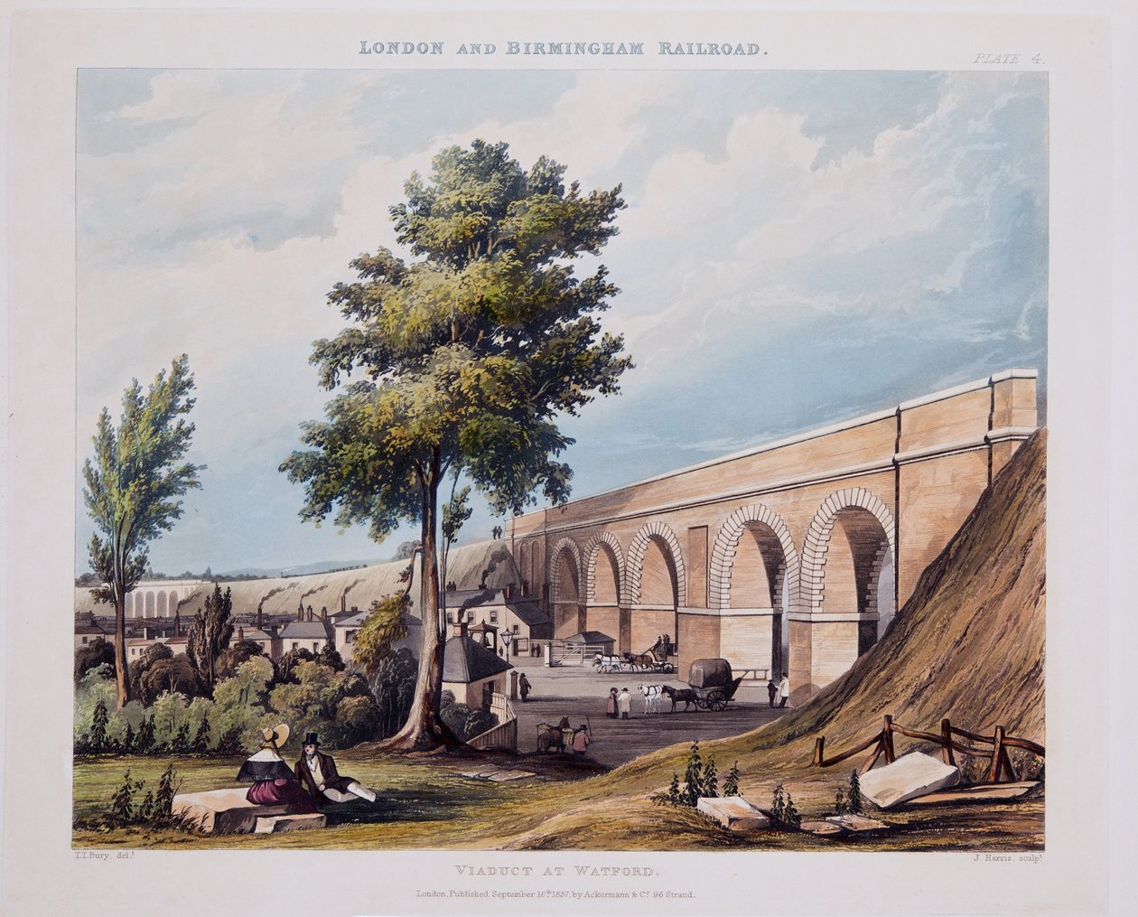 Wiadukt w Watford, 1837 (ręcznie kolorowane grawerowanie) autorstwa Thomas Talbot Bury
