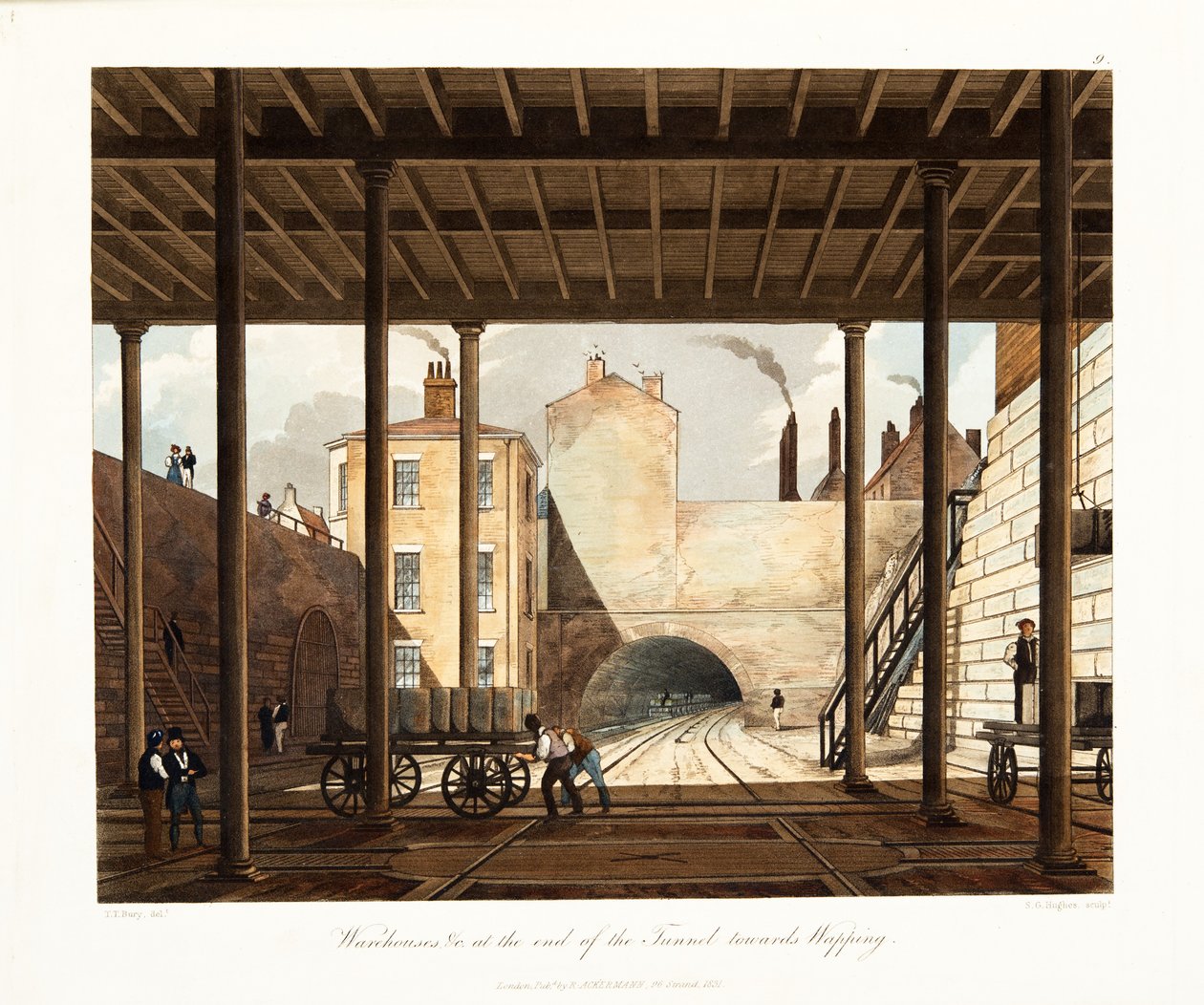 Magazyny itp. na końcu tunelu w kierunku Wapping, opublikowane w 1831 r. (rycina ręcznie kolorowana) autorstwa Thomas Talbot Bury