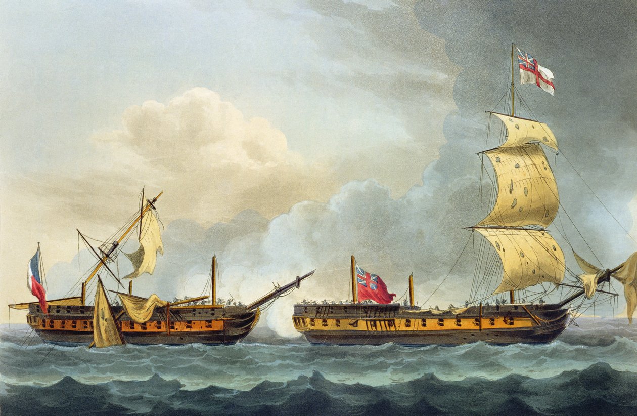 Ujęcie La Fique, 5 stycznia 1795, z „The Naval Achievements of Great Britain” Jamesa Jenkinsa, rytowane przez Thomasa Sutherlanda (b.c.1785) opublikowane 1816 (akwatinta ręcznie kolorowana) autorstwa Thomas Whitcombe
