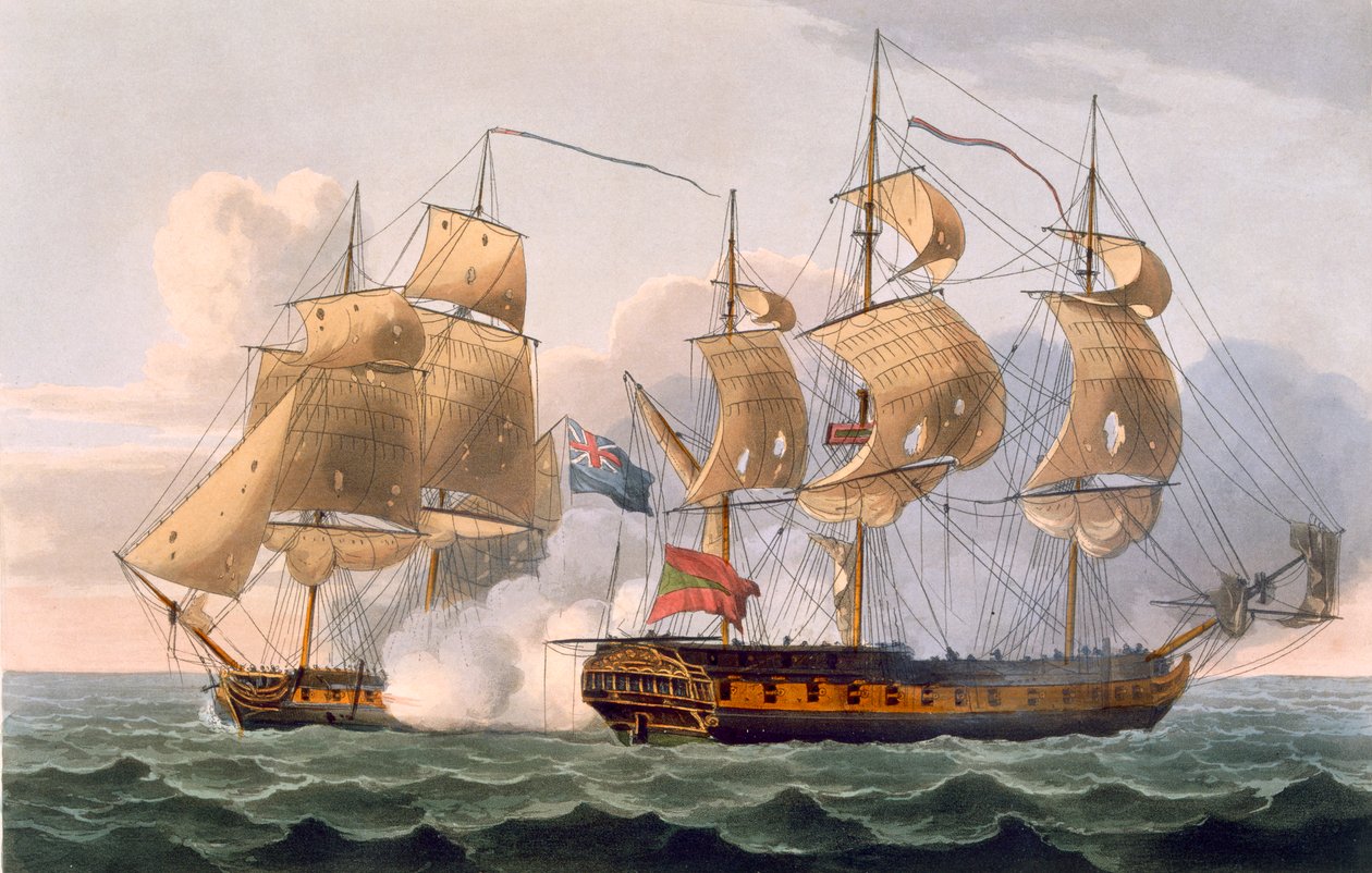 Zdobycie Ligurii, 7 sierpnia 1798, grawerowane przez Thomasa Sutherlanda dla "Naval Achievements" J. Jenkinsa, 1816 (kolorowe grawerowanie) autorstwa Thomas Whitcombe