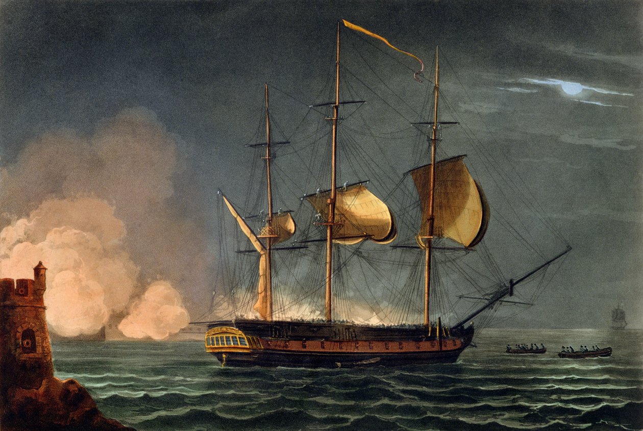 Wycięcie Hermione z portu Porto Cavallo, 25 października 1799, z "The Naval Achievements of Great Britain" Jamesa Jenkinsa, rytowane przez Thomasa Sutherlanda (ur. 1785), opublikowane w 18 r. autorstwa Thomas Whitcombe