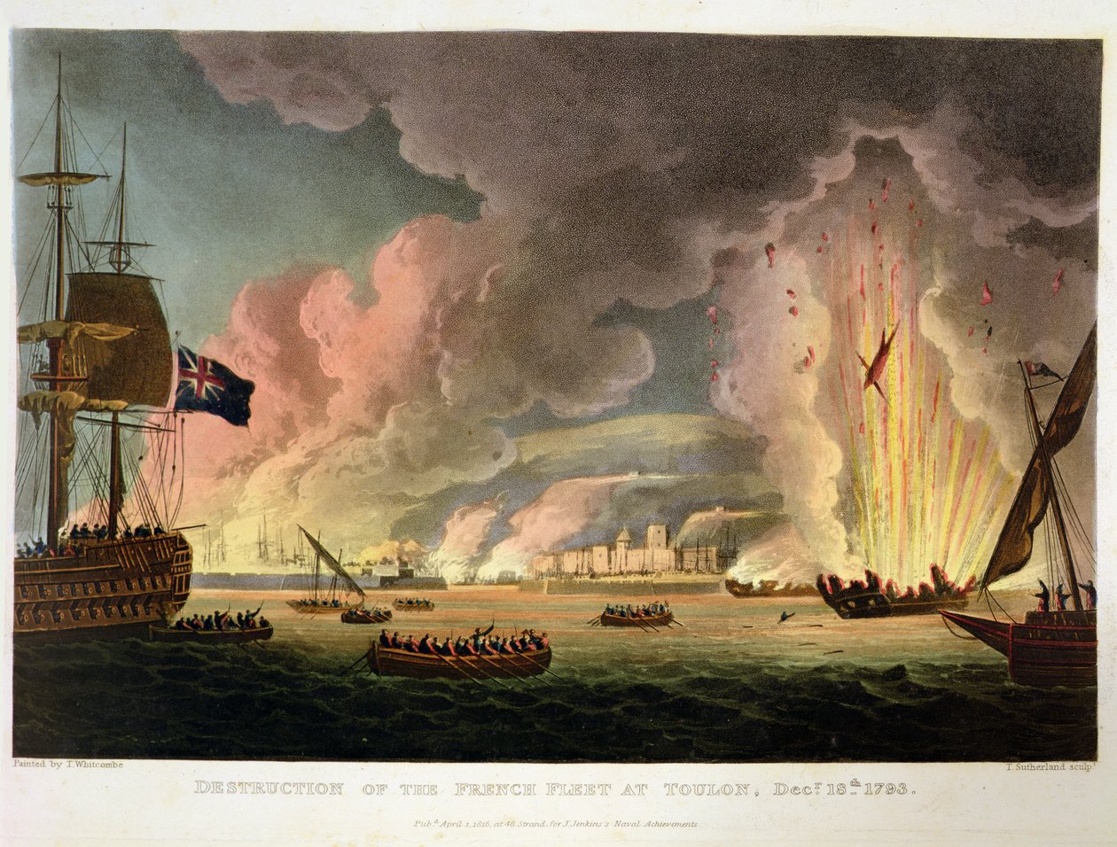 Zniszczenie francuskiej floty w Tulonie, 18 grudnia 1793, grawerowane przez Thomasa Sutherlanda dla „Naval Achievements” J. Jenkinsa, 1816 (patrz także 286303) autorstwa Thomas Whitcombe