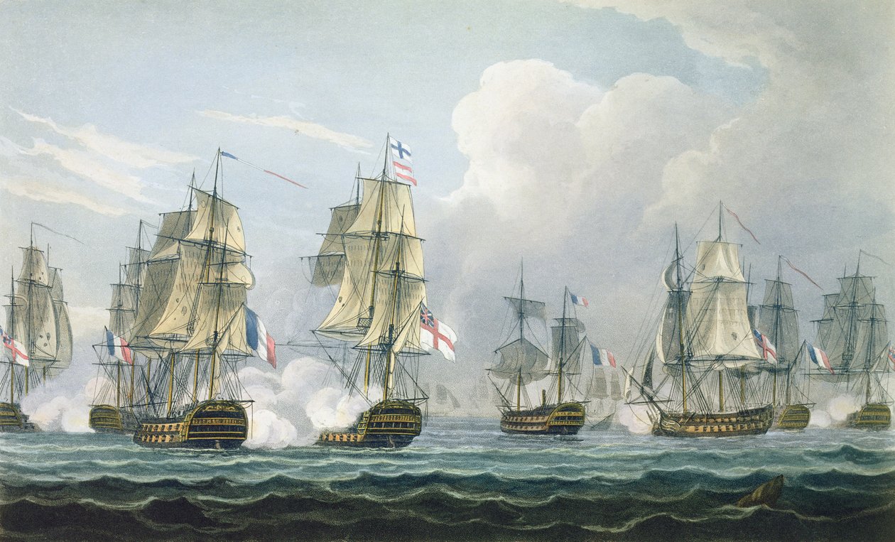 Akcja Sir Richarda Strachana po bitwie pod Trafalgarem 5 listopada 1805 r., rytowana przez T. Sutherlanda dla „The Naval Chronology of Great Britain” J. Ralfe, opublikowana w 1820 r. (kolorowa rycina autorstwa Thomas Whitcombe