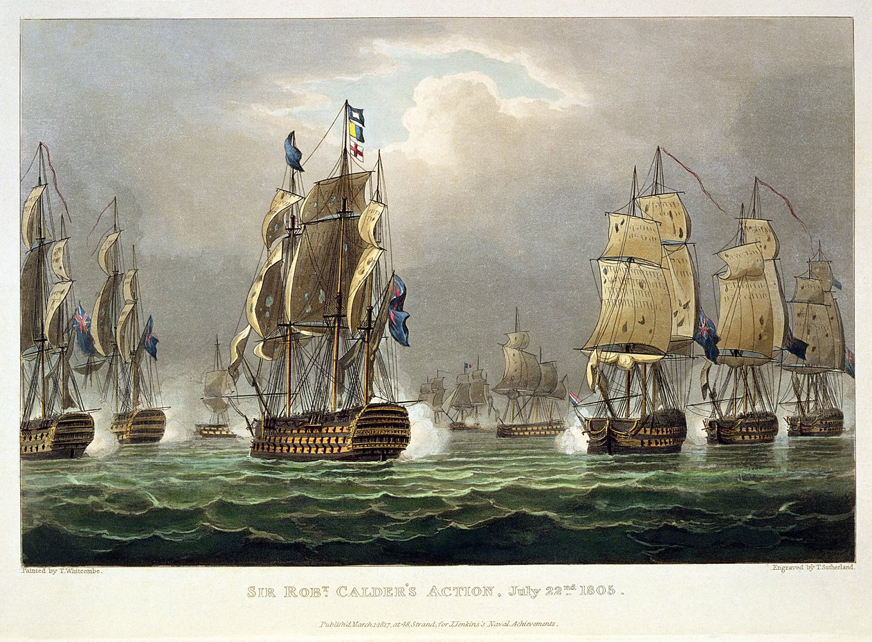 Akcja Sir Roberta Caldera, 22 lipca 1805, grawerowana przez Thomasa Sutherlanda dla „Naval Achievements” J. Jenkinsa, 1816 (kolor grawerowany) autorstwa Thomas Whitcombe