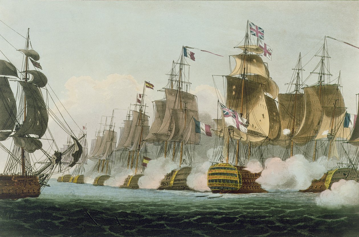 Bitwa pod Trafalgarem, 21 października 1805, grawerowana przez Thomasa Sutherlanda dla „Naval Achievements” J. Jenkinsa, 1816 autorstwa Thomas Whitcombe