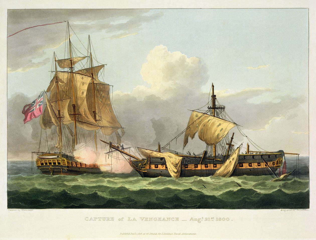 Zdobycie La Vengeance, 21 sierpnia 1800, grawerowane przez Thomasa Sutherlanda dla „Naval Achievements” J. Jenkinsa, 1816 (kolorowy grawerunek) autorstwa Thomas Whitcombe