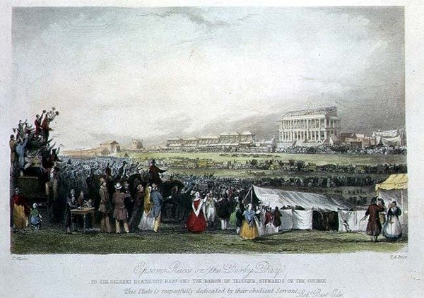 Wyścigi Epsom w dzień Derby, 1841, (ręcznie barwiony grawerunek) autorstwa Thomas Allom