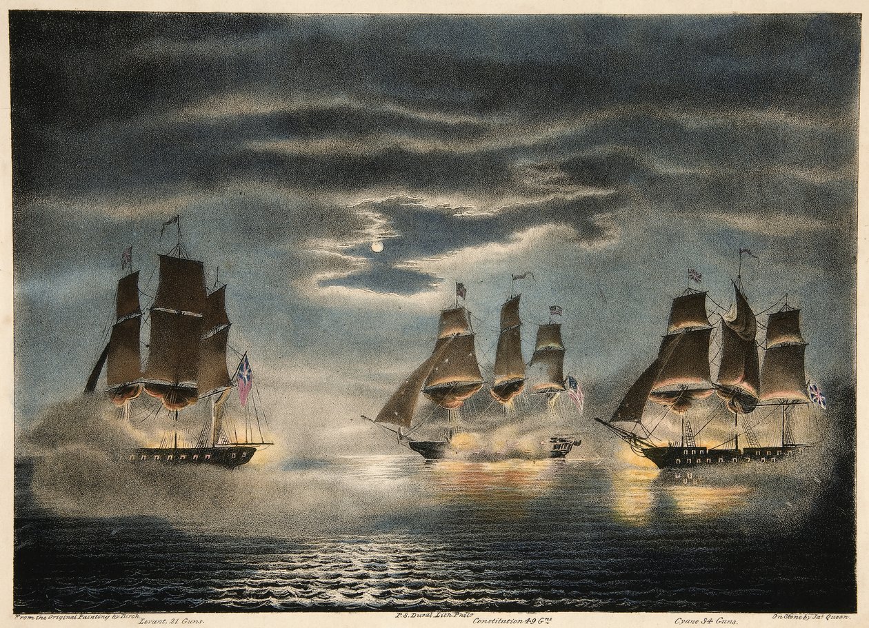 Schwytanie H.M. Statki Cyane i Levant, zgodnie z Konstytucją Fregaty Stanów Zjednoczonych, z magazynu Army and Navy, wyd. 1840 autorstwa Thomas after Birch