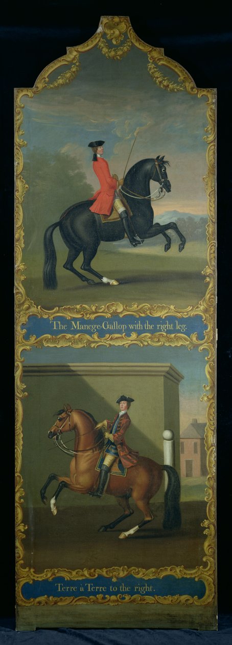 Galop na maneżu z prawą nogą" (u góry) i "Terre a Terre w prawo" (u dołu), ok. 1750 r. autorstwa Thomas, of Pall Mall Butler