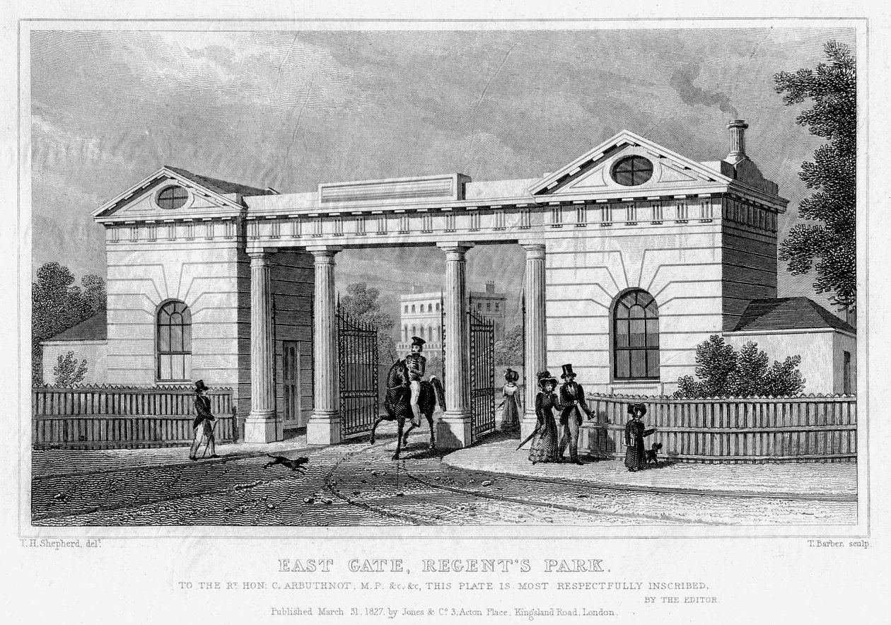 East Gate, Regents Park, Londyn, 1827. autorstwa Thomas Barber