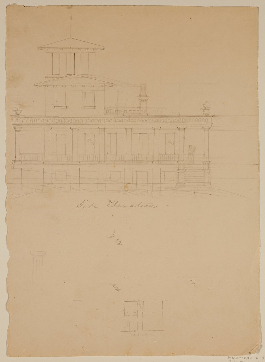 Elewacja boczna proponowanej willi w Catskill autorstwa Thomas Cole