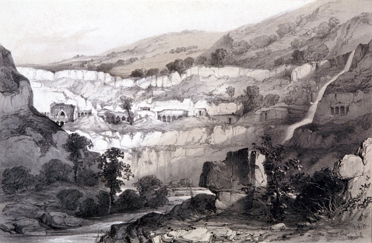 Widok jaskiń, Ajunta, Indie, 1844 autorstwa Thomas Colman Dibdin