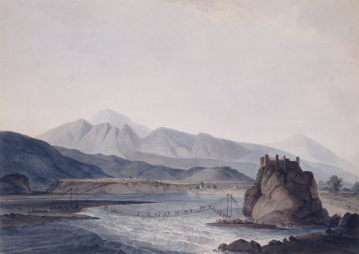 Most linowy, Srinagar, Garhwal, Uttar Pradesh, autorstwa Thomas Daniell