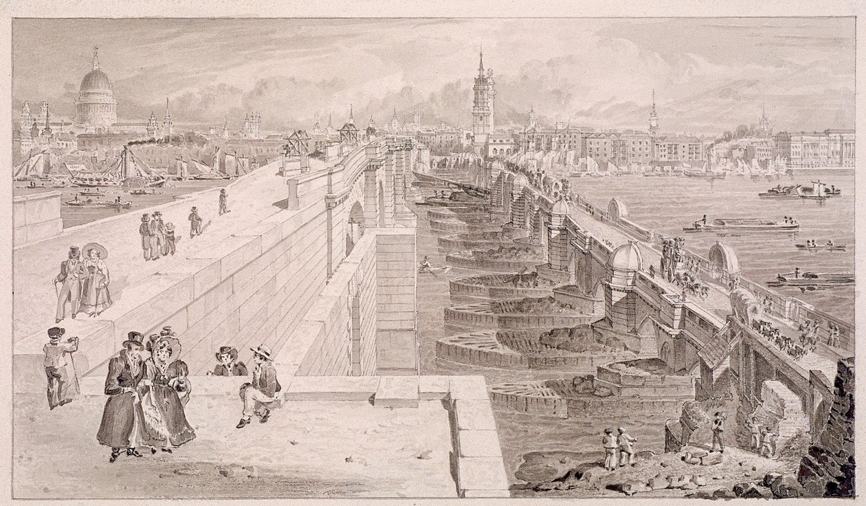 London Bridge stary i nowy, Londyn, 1831 autorstwa Thomas Hosmer Shepherd