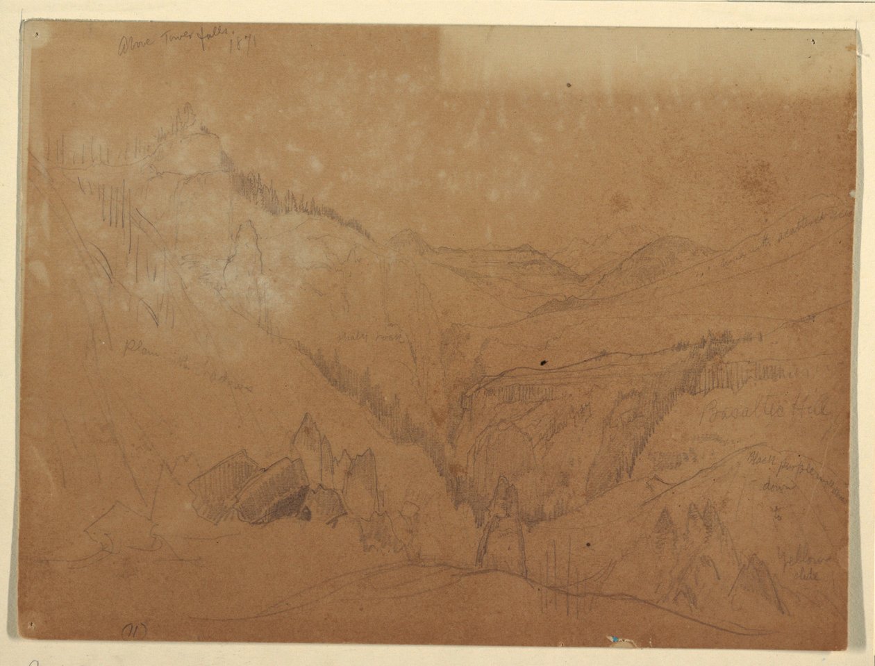 Rysunek, Yellowstone, powyżej wodospadu Tower, 1871 r. autorstwa Thomas Moran