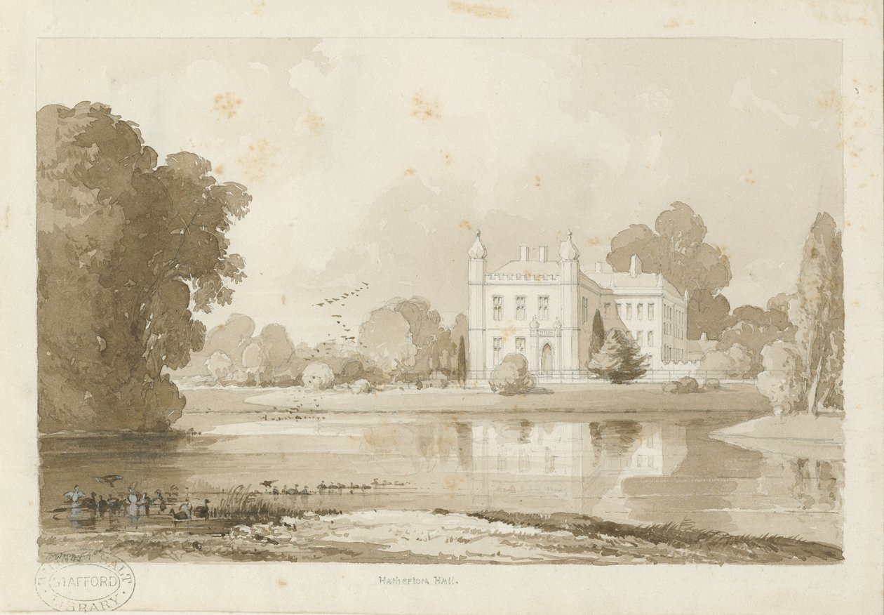 Hatherton Hall: rysunek w sepii, 1843 autorstwa Thomas Peploe Wood