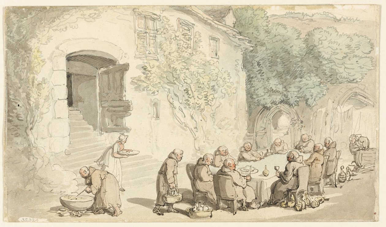 Mnisi spożywający posiłek na zewnątrz (recto); Ulica Wiejska (verso) autorstwa Thomas Rowlandson