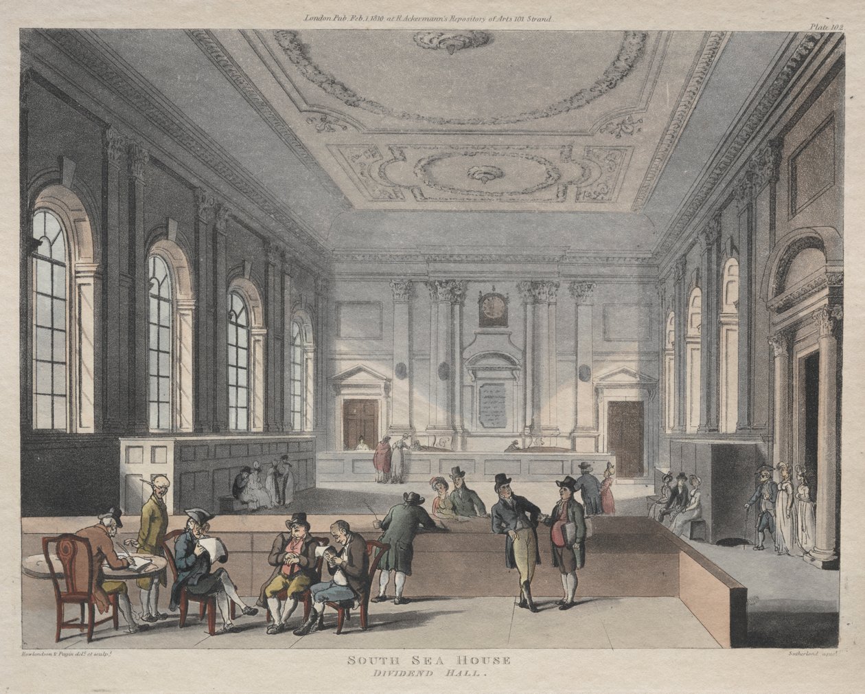 Dom nad Morzem Południowym, Hala Dywidend autorstwa Thomas Rowlandson